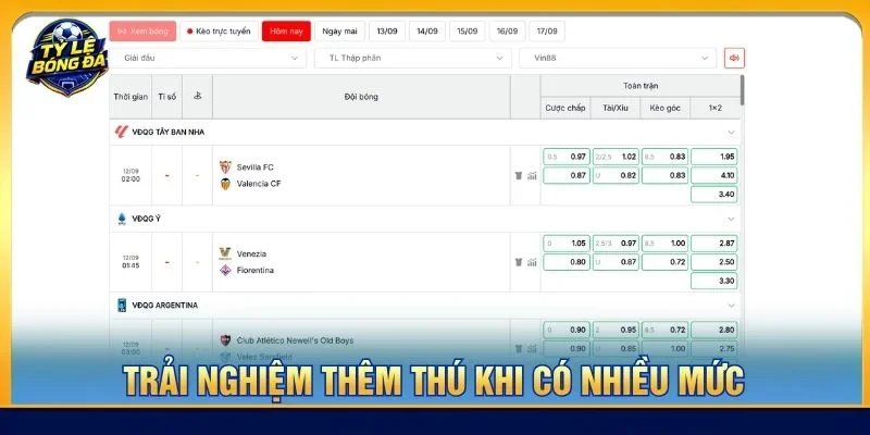 Trải nghiệm thêm thú vị hơn khi kèo cách biệt tỷ số có nhiều mức 